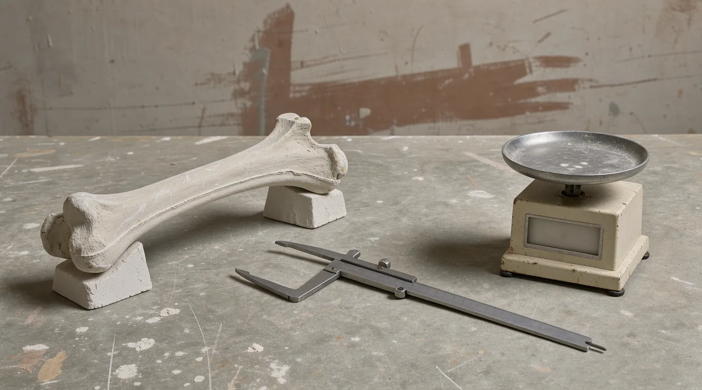 A manufactured bone model beside open callipers and a laboratory balance