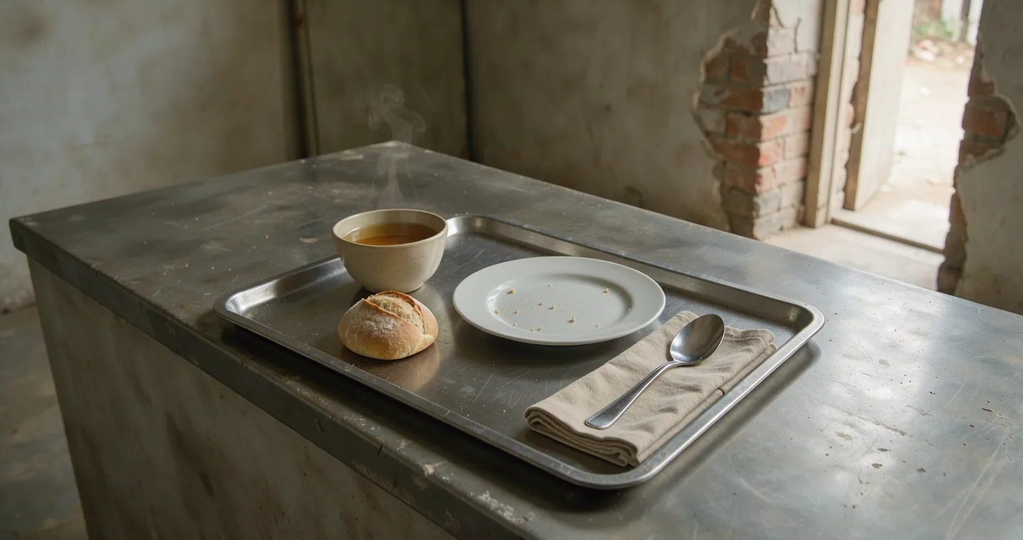 A broth cup, bread roll and spoon arranged on an anonymous meal tray