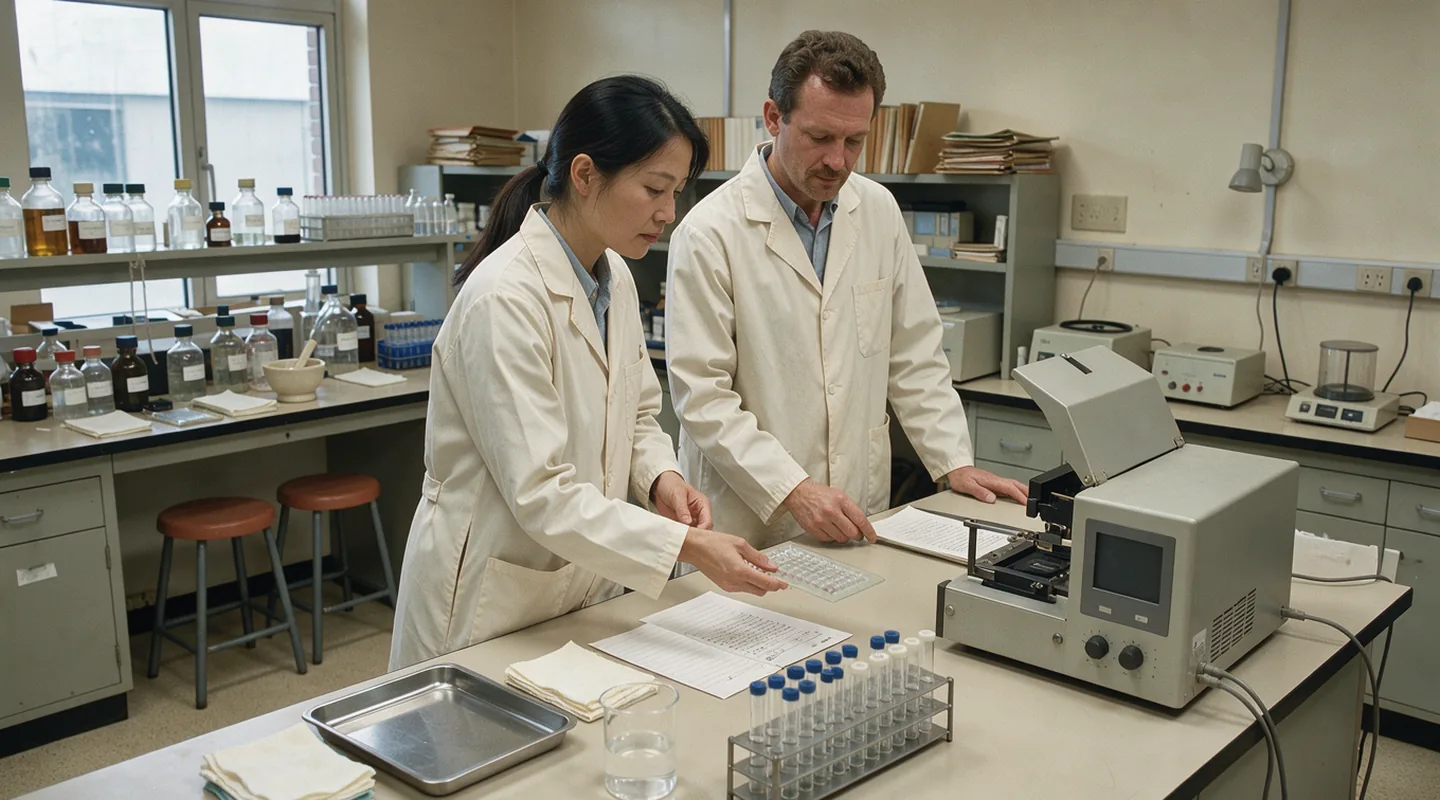 Two researchers examining an assay plate beside a benchtop laboratory analyser