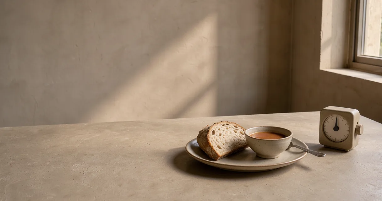Bread, soup and a blank-faced timer on a table beside an arched window
